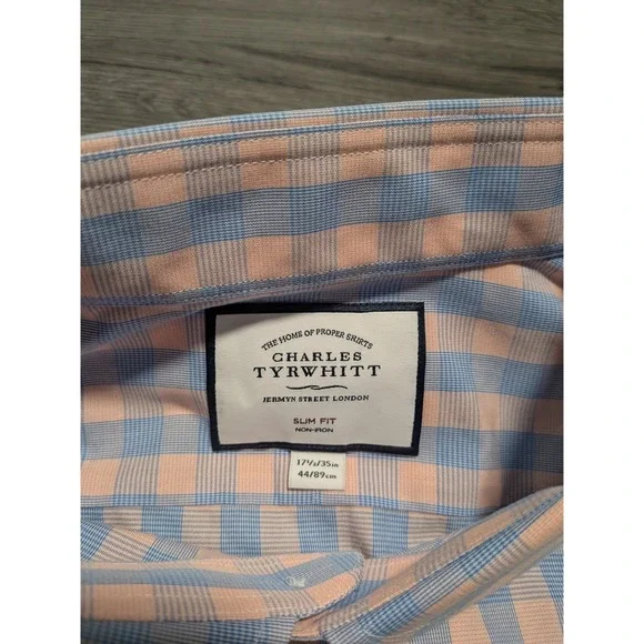 Charles Tyrwhitt Men's Pink Blue Checkered Non Iron Slim Shirt Size 17.5-35 - Picture 2 of 7